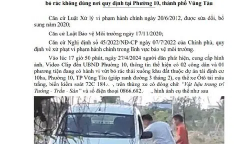 Tp.Vũng Tàu tìm 2 người đàn ông đi ô tô vứt rác bừa bãi